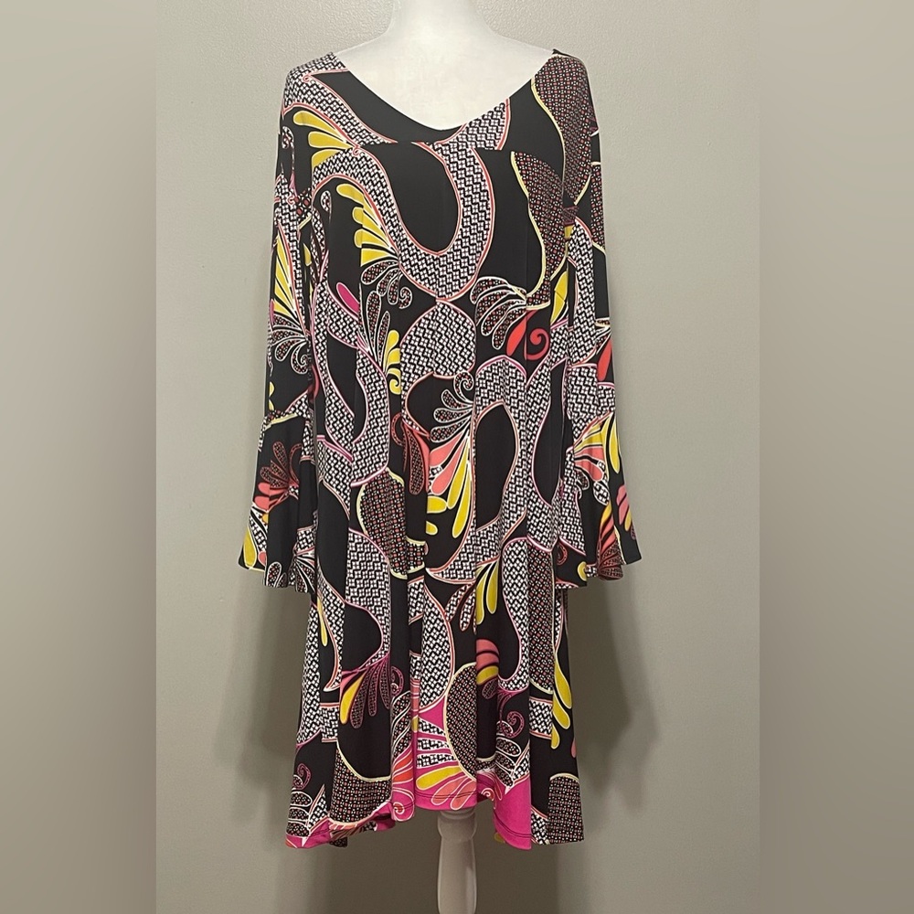 Women Plus 3XL Shift Dress 3/4 Length Flare Bell Sleeves Retro Resort Geometric